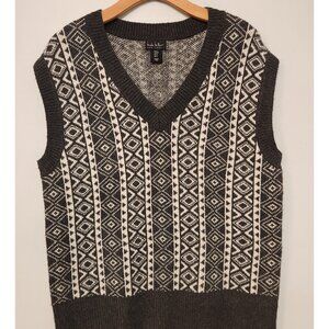 Nicole‎ Miller V-Neck Vest Sweater Gray Black White Diamond Pattern Medium NEW
